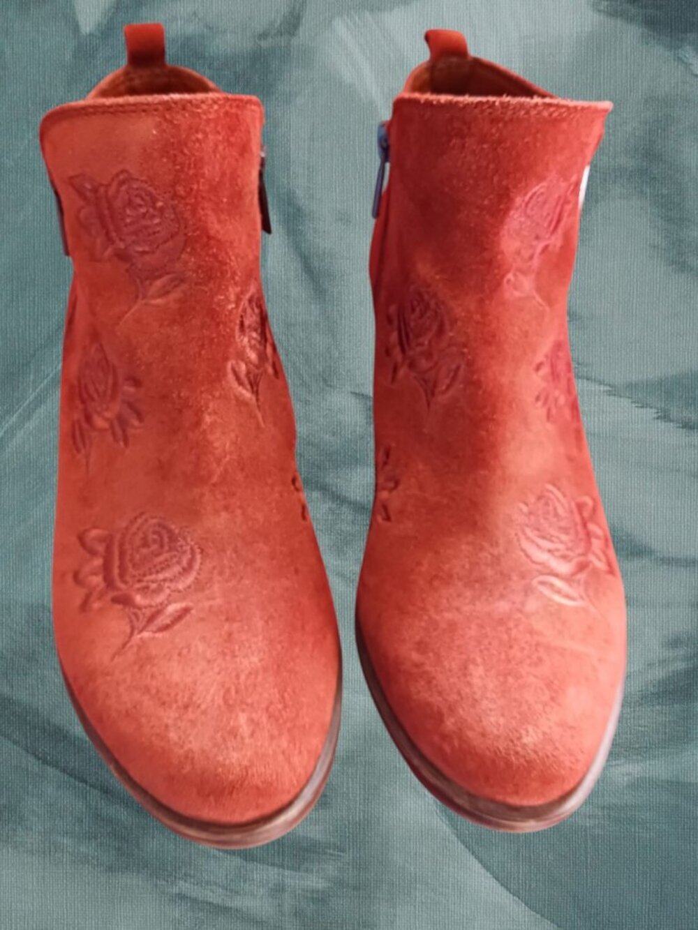 Lucky Brand Suede Ankle Boots W/ Floral Embroidery & Side Zip Terracota Size 6.5